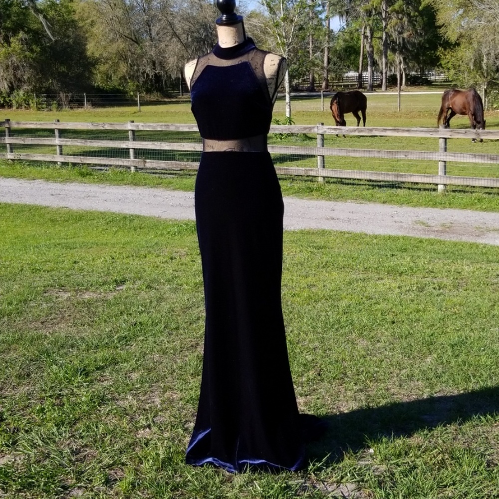 Dress, Prom, Formal, Navy Velvet, Cutouts, Train